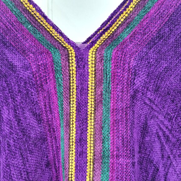 Handwoven Artisan Purple Chenille Poncho With Fringe Trim & Multicolor Stripes - Picture 3 of 8
